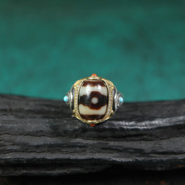 【Unique Item】Inlaid Agate Mandala Dzi Bead Ring