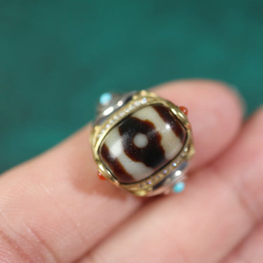 【Unique Item】Inlaid Agate Mandala Dzi Bead Ring