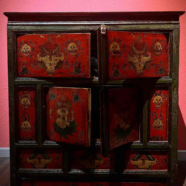 Painted “Five Senses Flower Offering” Tibetan Dharma Cabinet puretibetan
