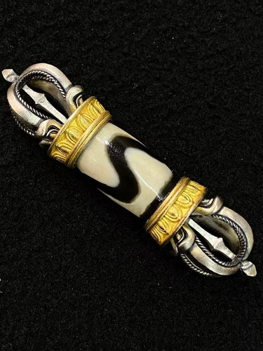 Vajra Protector Pendant – Dzi Beads with Sterling Silver Tiger Tooth Design