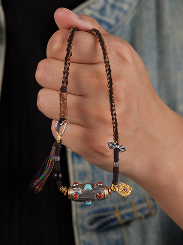 Handcrafted Woven Cord Nine-Eye Dzi Pendant