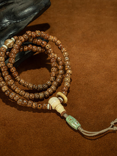 Qing Dynasty Style Tibetan Fully Cracked Creamy Jadeized Star & Moon Bodhi 108-Bead Prayer Bracelet
