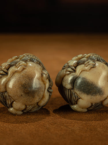 Qing Dynasty Style Tibetan High-Density Jadeized Carved Harmonious Deer Antler Baoding Balls Pair