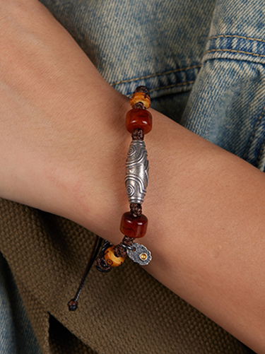 Handcrafted Woven Wax Cord Three-Eye Dzi Bead Bracelet