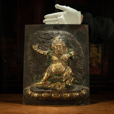 Wrathful Guardian – 19th Century Gilt Copper Vajrapani Repoussé Wall Thangka