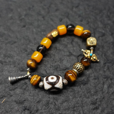 Protective Energy Three-Eyed Dzi Bead Bracelet Tibetan Vajra Silver Talisman