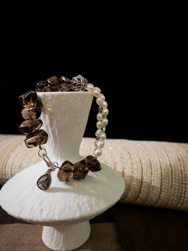 Stress-Relief Grounding Clarity Smoky Quartz & Pearl Silver Bracele