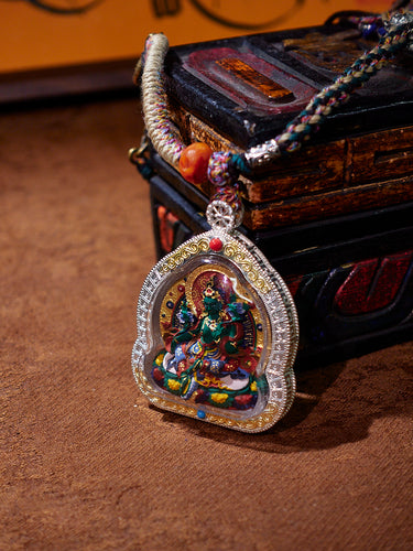 Green Tara Protection Pendant | Mineral Dye Pendant with Green Tara for Family and Career Protection