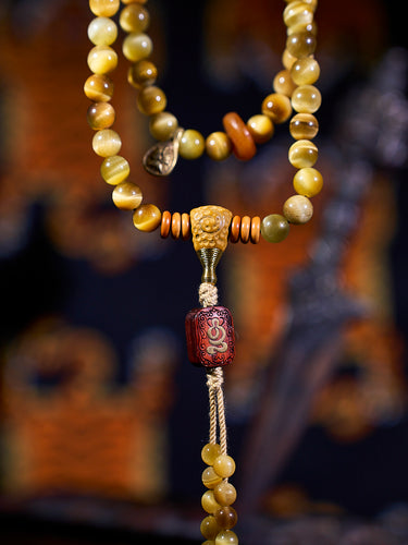 Tibetan Wealth Tiger Eye & Amber Necklace
