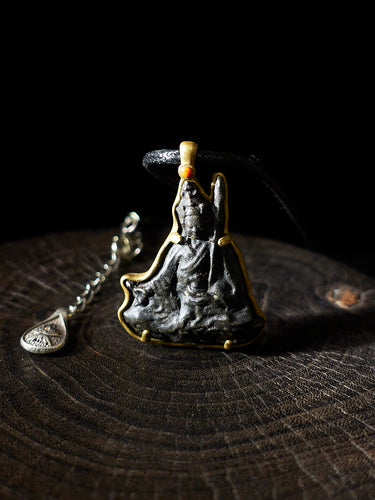 Thokcha Padmasambhava Pendant Necklace: Brass-Bordered Meteoritic Iron Amulet Artifact