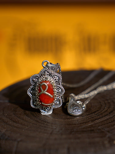 Sacred Love Pendant with Red Coral and Turquoise – A Himalayan Symbol of Devotion and Harmony