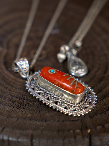 Pendant of Devotion with Red Coral and Turquoise – A Himalayan Emblem of Love and Harmony