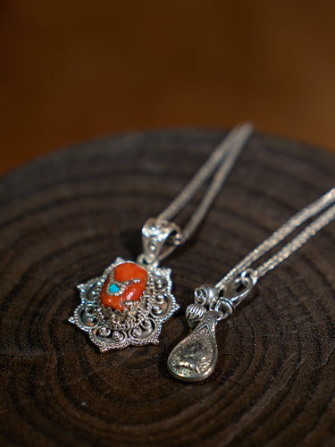 Heart of Harmony Pendant with Red Coral and Turquoise – A Himalayan Symbol of Love and Compassion