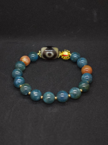 Agatized Coral Three-Eyed Dzi Bead Silver Energy Bracelet