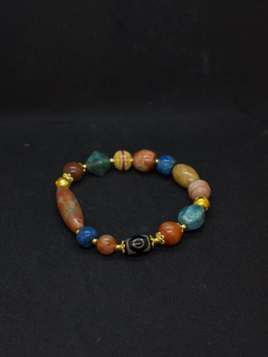 Agatized Coral Wisdom Guardian Three-Eyed Dzi Silver Energy Bracelet