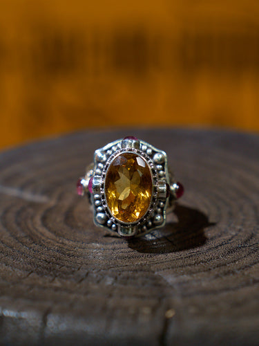 Citrine and Ruby Sterling Silver Ring – Talisman of Wealth, Vitality, and Himalayan Spiritual Wisdom