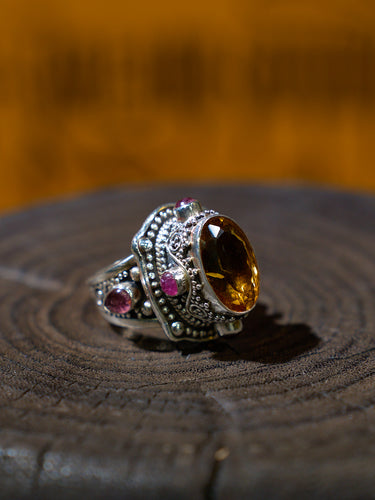 Citrine and Ruby Sterling Silver Ring – Talisman of Wealth, Vitality, and Himalayan Spiritual Wisdom