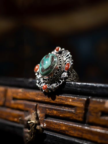 Sacred Turquoise Coral Silver Ring Spiritual Healing Good Luck Jewelry