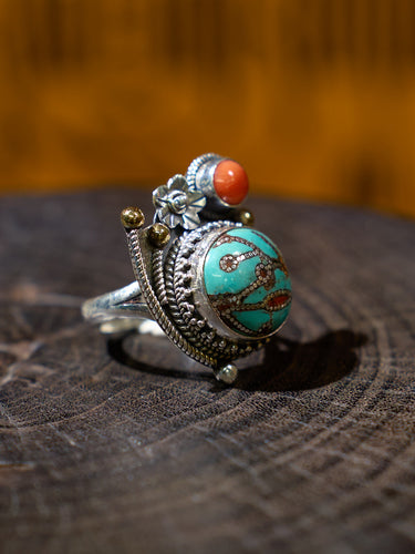 Turquoise and Red Coral Sterling Silver Ring – Talisman of Good Luck, Love, and Himalayan Spiritual Harmony