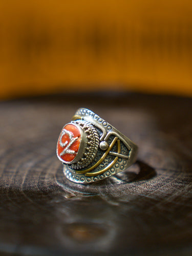 Sacred Red Coral Silver Ring of Love and Protection