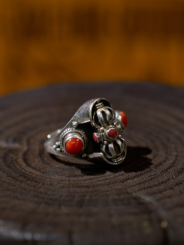 Guardian of Strength Sterling Silver Ring with Red Coral – Himalayan Symbol of Protection