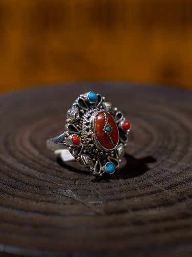Sacred Union Sterling Silver Ring with Red Coral and Turquoise – Emblem of Love and Himalayan Harmony