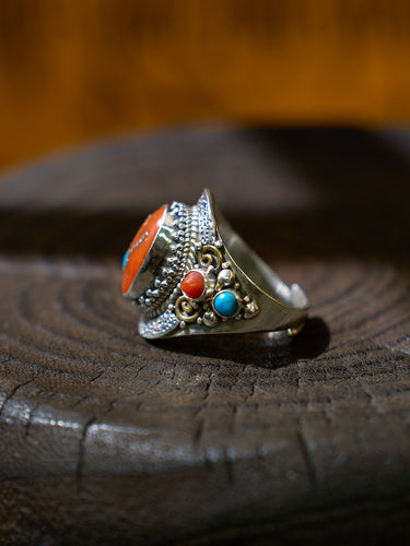 Red Coral and Turquoise Sterling Silver Ring – Talisman of Love, Healing, and Himalayan Harmony