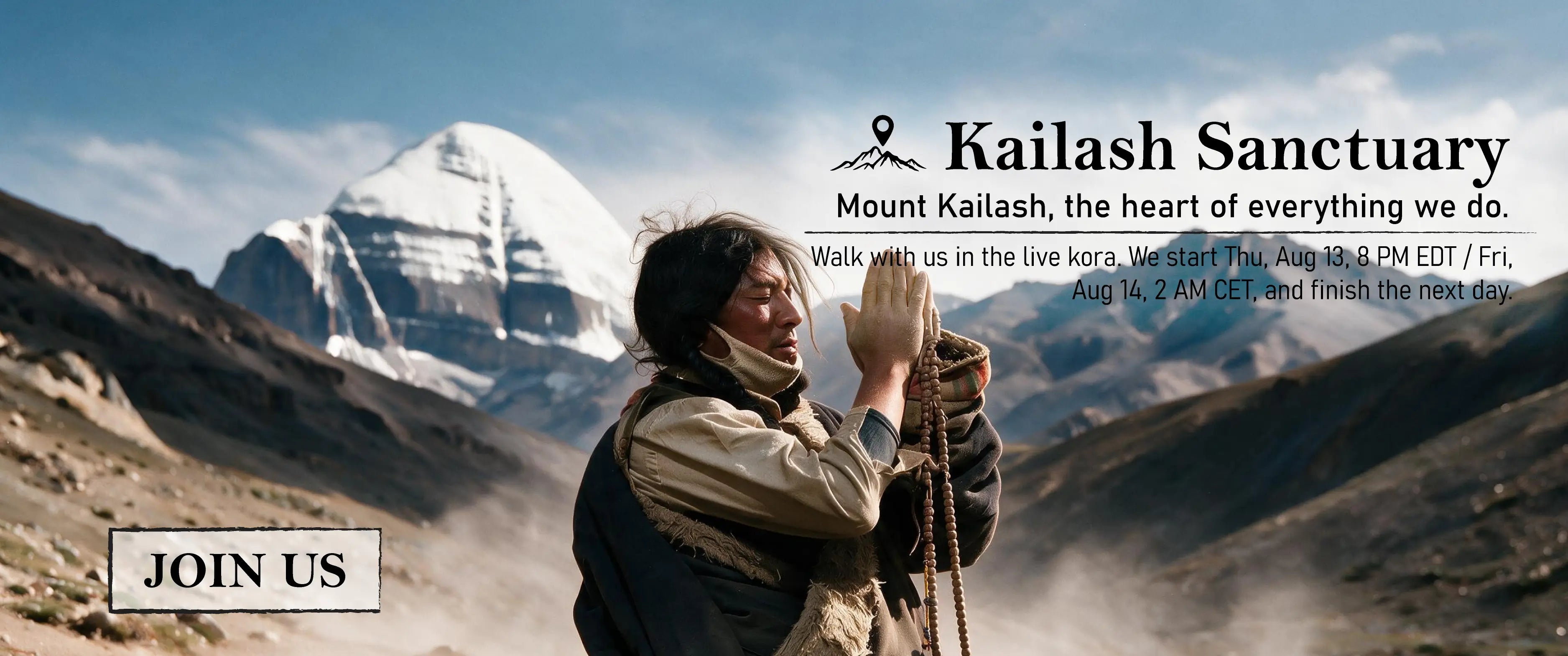 Promotional graphic for Kailash Sanctuary featuring a person in a mountainous landscape with a snow-capped peak in the background, overlaid with text including 'Kailash Sanctuary,' event details, and a 'JOIN US' call-to-action box.