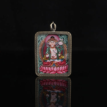 Mahasthamaprapta Tibetan Thangka Pendant with the Eight Auspicious Tibetan Signs Shell puretibetan