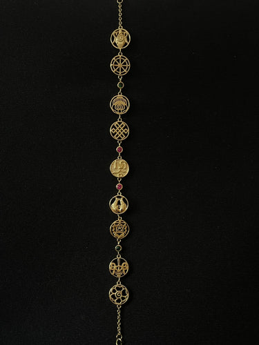 Eight Auspicious Signs & Oṃ Charm Bracelet: Colorful Zirconia with 24K Gold Plated over Sterling Silver, Adjustable