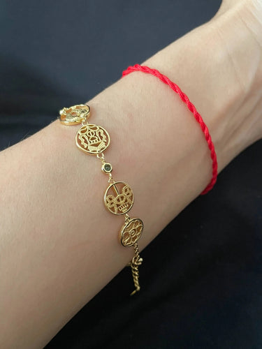 Eight Auspicious Signs & Oṃ Charm Bracelet: Colorful Zirconia with 24K Gold Plated over Sterling Silver, Adjustable