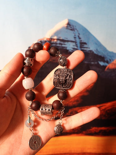 Silver Vintage Amber Ancient Agarwood Zakirum Square Pendant Jade Thai Silver Beaded Elastic Bracelet - Kailash Energy