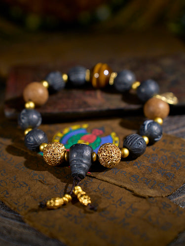 Courage Guardian Black Tiger Eye Ceramic Tibetan Elephant Bracelet