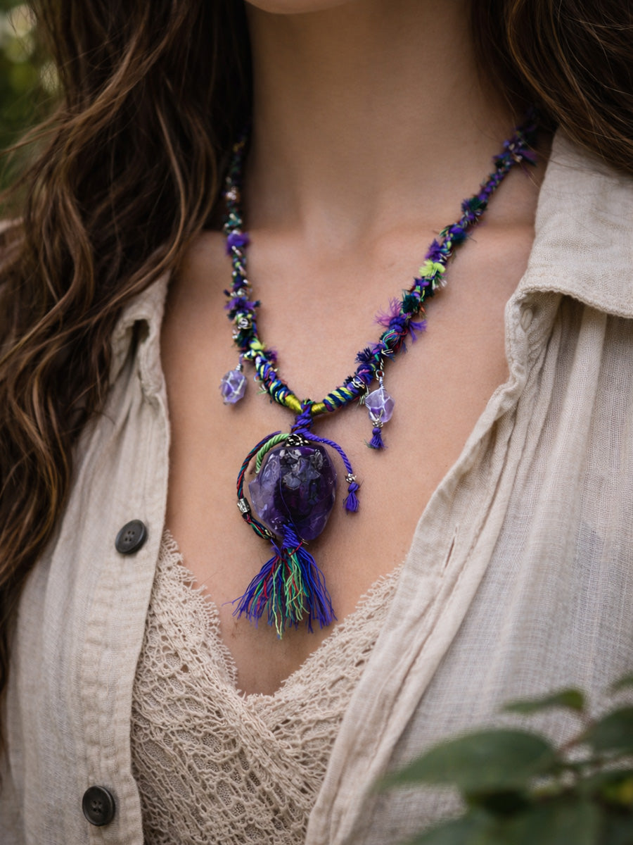 Amethyst Raw Stone Tibetan Necklace – Inner Peace and Spiritual Clarity