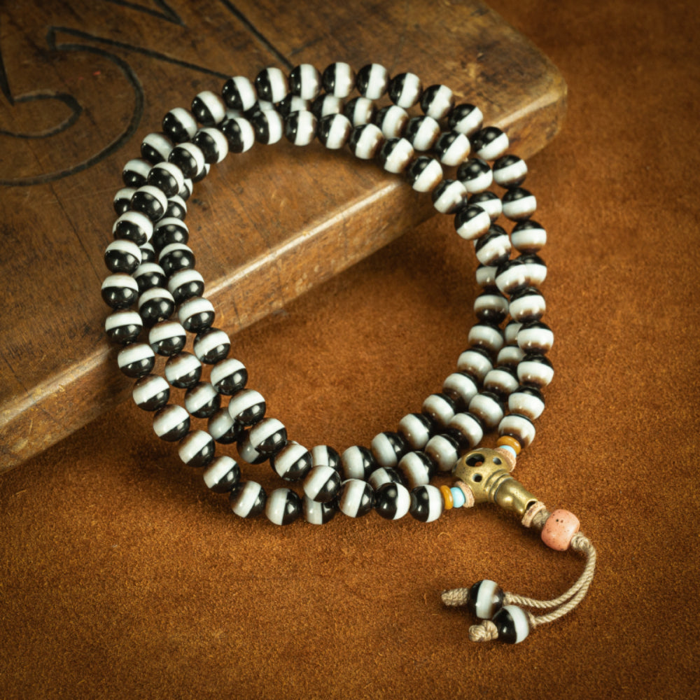 Sacred 108 Beads Black & White Tibetan Mala Necklace for Healing and Balance