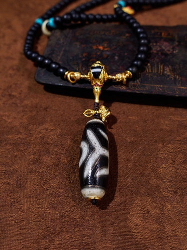 Celestial Tranquility Tibetan Dzi & Agarwood 18K Gold Necklace