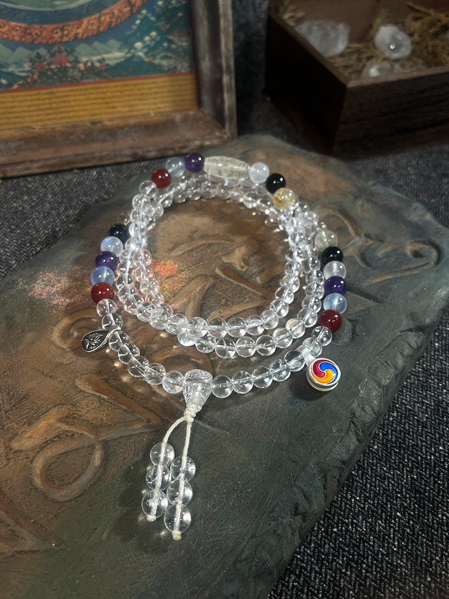 Chakra Balance 9-Eyed Dzi Bead Clear Crystal 108 Bead Mala Necklace