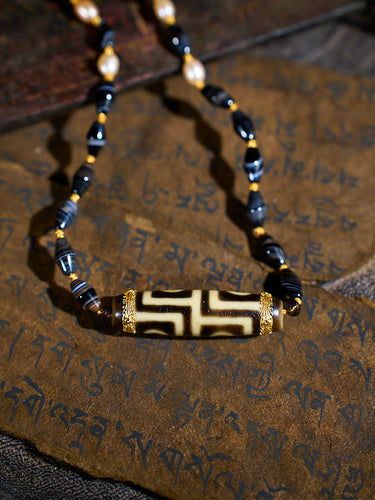 Harmonious Wisdom Four-Eyed Agate 18K Gold & Silk Pearl Dzi Pendant