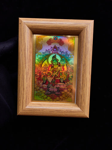 Golden Holographic Tibetan Deity Mini Frames – Green Tara, Dzambhala, and Mahakala Protection Set