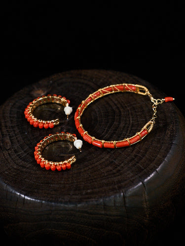Radiant Coral Wire-Wrapped Gold Hoop Earrings