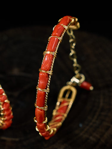 Radiant Coral Wire-Wrapped Gold Hoop Earrings