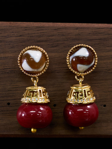 Protection Tiger Tooth Dzi Bead Coral Stone Earrings