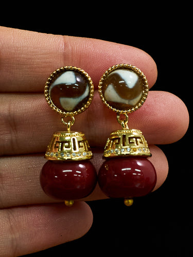 Protection Tiger Tooth Dzi Bead Coral Stone Earrings