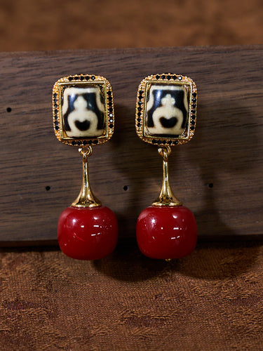 Tibetan Treasure Vase Dzi Coral Stone Earrings