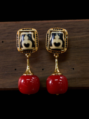 Tibetan Treasure Vase Dzi Coral Stone Earrings