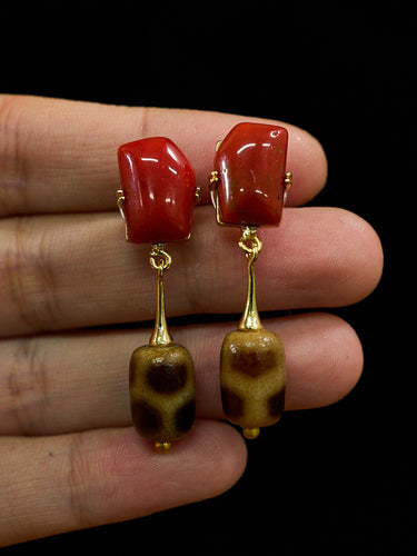 Longevity Turtleback Dzi Coral Stone Earrings