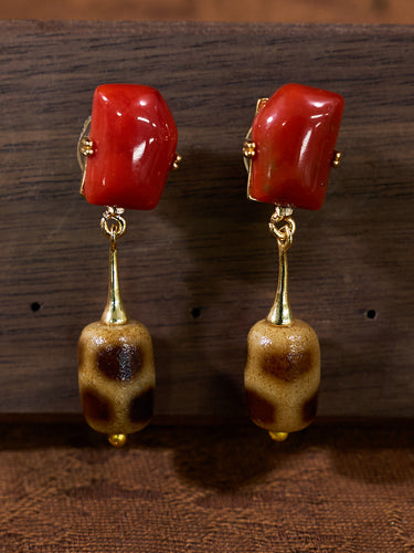 Longevity Turtleback Dzi Coral Stone Earrings