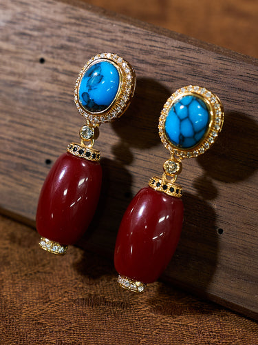 Golden Horizon Tibetan Style Turquoise Coral Stone Earrings