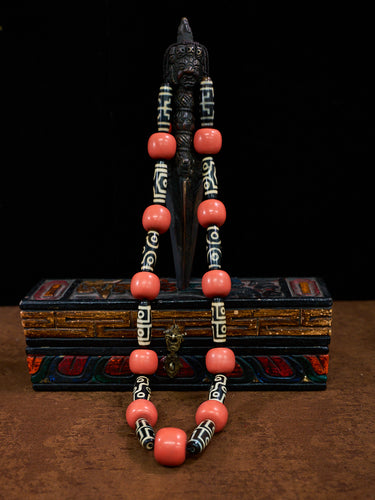 Tibetan Eternal Blessings Coral Stone & Dzi Bead Necklace