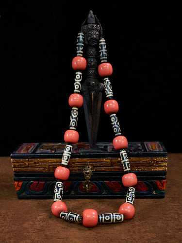 Tibetan Eternal Blessings Coral Stone & Dzi Bead Necklace